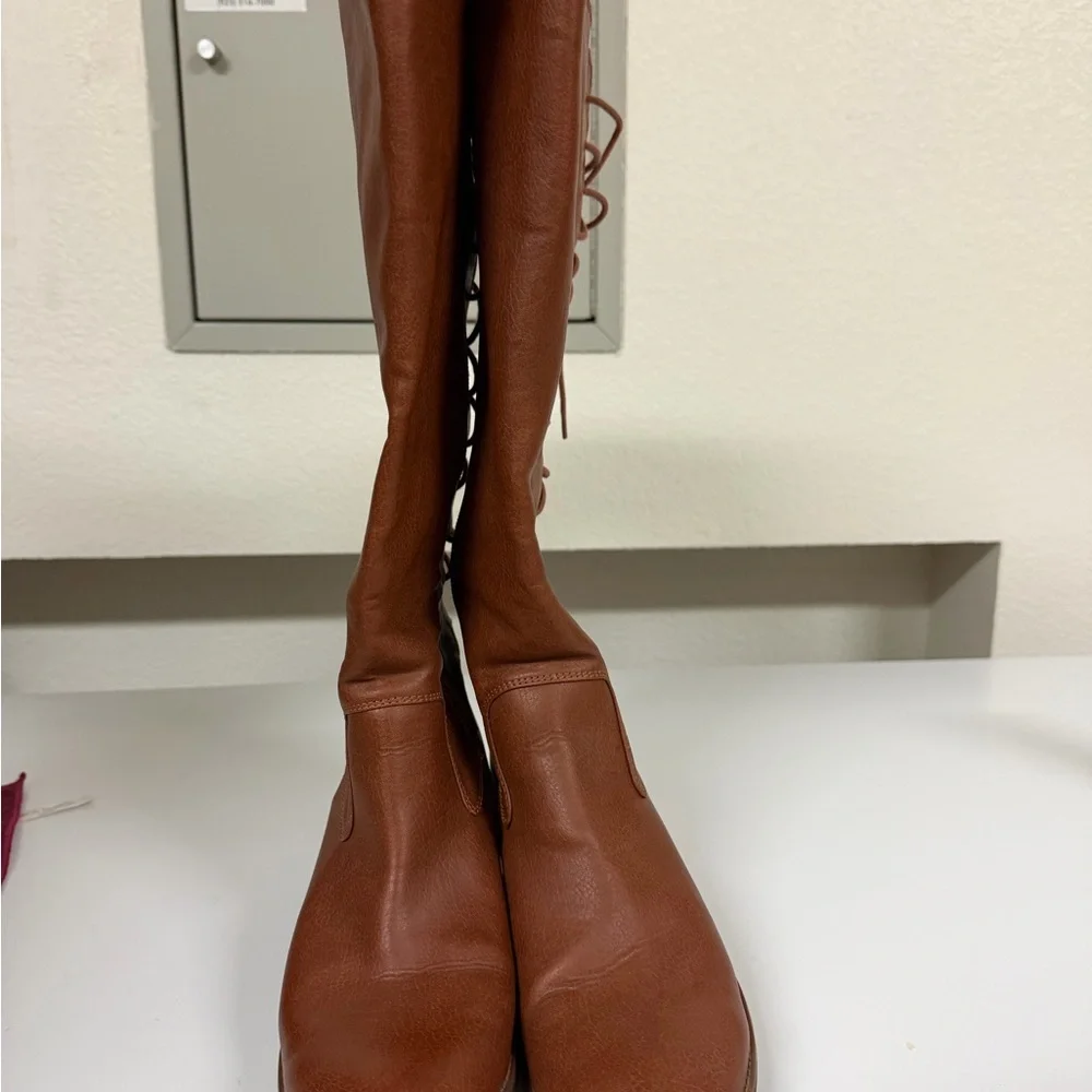 Over-the-Knee‎ Lace-Back Brown Leather Boots